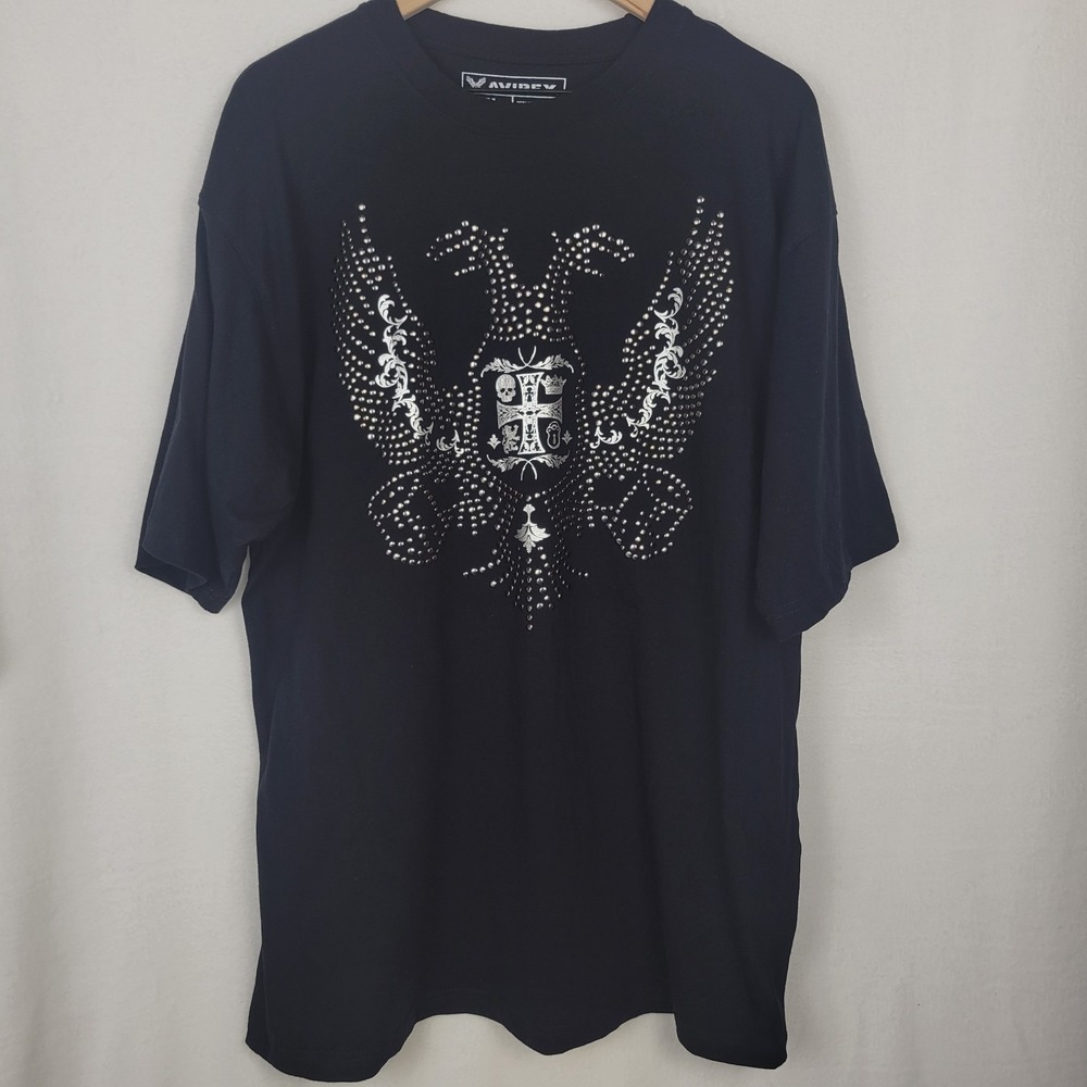 Avirex Mens XL Black Studded Double-Headed Eagle Graphic T-Shirt Y2K Streetwear